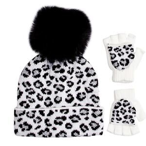 New! Love2Design Girls (4-6) Cheetah Knit Faux Fur Pom Hat and Gloves Set